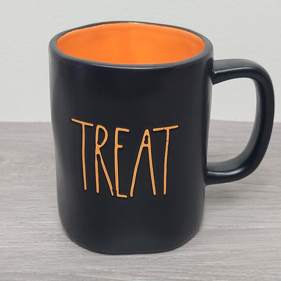 Rae Dunn by Magenta Halloween Black Mug Orange Trick Treat Interior - Picture 2 of 4